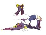  bad_id bad_pixiv_id blazblue blonde_hair boots cape carl_clover father_and_son german_suplex glasses kumako_(sono328) male_focus mask multiple_boys purple_footwear relius_clover suplex white_background 