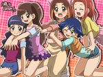  5girls awa blue_eyes blue_hair blush bow brown_eyes brown_hair feet hair_bow hug multiple_girls purple_hair red_hair sachi sachi_(yuu-gi-ou_zexal) sei sei_(yuu-gi-ou_zexal) yu-gi-oh! yuu-gi-ou_zexal 