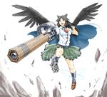  alternate_weapon arm_cannon autocannon black_hair black_wings breasts cape chanko medium_breasts mismatched_footwear open_mouth red_eyes reiuji_utsuho skirt solo touhou weapon wings 