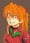  blue_eyes breasts crazy_eyes grin hair_ornament long_hair moge_(mogegege) neon_genesis_evangelion orange_hair plugsuit ponytail simple_background small_breasts smile smirk solo souryuu_asuka_langley upper_body 