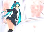  aqua_eyes aqua_hair ass hatsune_miku kinoko5123 kneehighs long_hair looking_back outstretched_arm school_uniform skirt solo twintails very_long_hair vocaloid window 