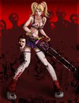  1girl absurdres artist_request blonde_hair blood breasts candy chainsaw cheerleader cleavage clothes_writing d: food frown highres juliet_starling lollipop lollipop_chainsaw medium_breasts nick_carlyle open_mouth severed_head thighhighs twintails zombie 