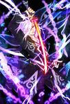  chain grin lightning male_focus pants purple_background smile solo sword tales_of_(series) tales_of_xillia usagineko weapon white_hair wingul_(tales) yellow_eyes 