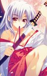  breasts cleavage full_moon highres japanese_clothes katana kimono kusukusu legs medium_breasts minatogawa_tamami moon moshimo_ashita_ga_hare_naraba mouth_hold no_bra sword weapon 