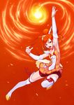  arm_up armpits bike_shorts choker commentary cure_sunny detached_sleeves elbow_gloves fire gloves hair_bun hamada_youho highres hino_akane_(smile_precure!) nail_polish open_mouth orange_(color) orange_background orange_choker orange_hair orange_skirt precure red_eyes red_shorts serious shorts shorts_under_skirt skirt smile_precure! solo thighhighs 
