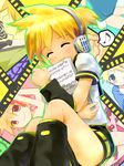  ass bad_id bad_pixiv_id beamed_eighth_notes beamed_sixteenth_notes blonde_hair blue_eyes blush closed_eyes detached_sleeves eighth_note eighth_rest headset kagamine_len male_focus musical_note ponytail quarter_note sheet_music shorts sitting smile solo speech_bubble spoken_musical_note treble_clef vocaloid yuki_(vicious) 
