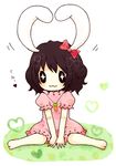  1girl 1st-mn :3 animal_ears bow brown_hair bunny_ears carrot carrot_necklace character_name dress hair_bow heart inaba_tewi jewelry necklace pendant sitting solo touhou translated v_arms wariza 