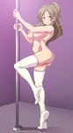  1girl artist_request ass blush breasts character_request curvy highres huge_breasts leg_lift looking_at_viewer minamino_kanade nipples nude pole pole_dancing precure smile solo suite_precure thighhighs tsunapiko 