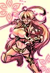  ahoge bandeau blonde_hair boots breasts choker elbow_gloves gloves knee_boots large_breasts long_hair midriff milla_maxwell navel red_eyes shirt smile solo sword tales_of_(series) tales_of_xillia taut_clothes taut_shirt thighhighs usagineko weapon white_background xillia_symbol 