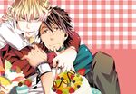  barnaby_brooks_jr blonde_hair bracelet brown_eyes brown_hair cake facial_hair food fruit glasses green_eyes ichitaka jacket jewelry kaburagi_t_kotetsu looking_at_viewer multiple_boys necklace necktie red_jacket stubble tiger_&amp;_bunny vest waistcoat watch wristwatch 