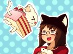  &gt;_&lt; :d animal_ears brown_eyes brown_hair cake cat cat_ears closed_eyes food glasses highres holding mike_inel mouse open_mouth original slice_of_cake smile solo 