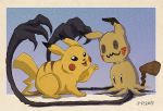  2017 3_toes 4_fingers back_markings black_eyes dipstick_ears duo feral fur impending_doom loihtuja long_arms markings mimikyu nintendo open_mouth open_smile pikachu pok&eacute;mon pok&eacute;mon_(species) red_cheeks simple_background smile textured_background toes video_games wood yellow_fur 