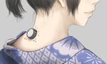 ao_usagi black_hair japanese_clothes kimono lips nape original profile rotary_switch short_hair short_ponytail smile solo teeth tsundere 