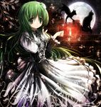  alternate_costume brick_wall candle cat frog full_moon green_eyes green_hair hair_ornament kochiya_sanae long_hair missile228 moon skirt skirt_set smile snake solo touhou 