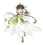  1girl absurdres ahoge black_hair blush braid brown_eyes dragonfly_wings full_body green_footwear green_skirt hair_rings highres ibex insect_wings lantern original pantyhose paper_lantern plant potted_plant shoes simple_background skirt smile white_background wings 