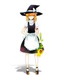  apron bad_id bad_pixiv_id blonde_hair braid expressionless flower hand_on_hip hat highres kirisame_marisa looking_at_viewer nr_(cmnrr) shadow solo touhou white_background witch witch_hat yellow_eyes 