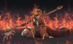  2019 ailurid anthro areola arrow blonde_hair blood breasts detailed_background dickgirl digital_media_(artwork) fire hair holding_object intersex kitty_silence kneeling mammal melee_weapon nipples penis red_panda solo staff sword weapon 
