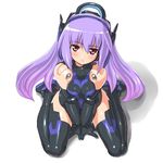  alternate_color breast_squeeze breasts busou_shinki dd_(ijigendd) doll_joints leotard long_hair medium_breasts purple_hair red_eyes sitting smile solo tempesta thighhighs 