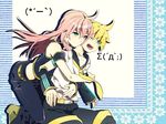  1girl age_difference aqua_eyes armband blonde_hair hug kagamine_len keishi long_hair megurine_luka necktie open_mouth pink_hair vocaloid wince yellow_neckwear 