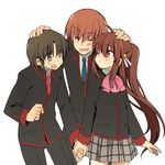  2boys bad_id bad_pixiv_id bow brown_eyes brown_hair closed_eyes holding_hands little_busters! long_hair multiple_boys naoe_riki natsume_kyousuke natsume_rin one_eye_closed pink_bow ponytail red_eyes school_uniform shacttainw short_hair 
