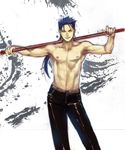  abs blue_hair fate/stay_night fate_(series) gae_bolg lancer leather leather_pants long_hair male_focus muscle pants polearm ponytail red_eyes shirtless solo spear weapon yuri_(k_a_other) 