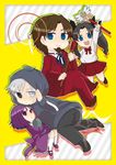  2girls black_eyes blue_eyes brown_hair bug chibi crest_worm facial_hair family fate/zero fate_(series) formal gem goatee grey_hair heterochromia hood hoodie insect kokumosu matou_kariya matou_sakura multiple_boys multiple_girls purple_eyes purple_hair staff suit toosaka_rin toosaka_tokiomi twintails wand white_eyes 