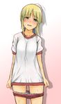  ahoge artoria_pendragon_(all) blonde_hair blush bow bow_panties buruma covering covering_crotch fate/zero fate_(series) green_eyes gym_uniform kosuke_haruhito panties panty_pull saber solo sweat sweatdrop underwear 