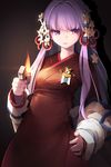  badge expressionless fire flame flower hair_flower hair_ornament hand_on_hip holding lena_(zoal) lighter long_hair lowres pink_hair pintail red_eyes solo sword_girls twintails 