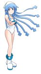  blue_eyes blue_hair blush boots bracelet crossed_arms full_body hat highres ikamusume jewelry long_hair naughty_face one-piece_swimsuit rokushaku_neko shinryaku!_ikamusume solo swimsuit tentacle_hair transparent_background white_swimsuit 