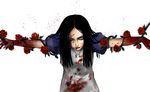  alice:_madness_returns alice_(wonderland) american_mcgee's_alice bdsm black_hair blood blood_splatter bloody_clothes blue_eyes bondage bound bound_arms flower highres injury jewelry long_hair looking_at_viewer one_eye_closed outstretched_arms pendant plant rose solo vines zctc840 