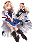  alice_margatroid bad_id bad_pixiv_id blonde_hair blue_eyes blush boots capelet covering covering_crotch cross-laced_footwear dress embarrassed knee_boots kneehighs lace-up_boots long_hair sash shanghai_doll short_hair solo takemori_shintarou touhou wind wind_lift 