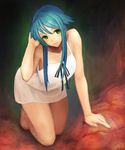  absurdres adjusting_hair bare_shoulders barefoot blue_hair blush crawling dress feet green_eyes highres long_hair ribbon saya saya_no_uta smile solo sundress very_long_hair yaoya_musuko 