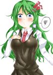  blue_eyes blush bow breasts cosplay frog_hair_ornament green_hair hair_bow hair_ornament hand_on_own_chest highres kochiya_sanae large_breasts long_hair o3o rumia rumia_(cosplay) snake solo spoken_squiggle squiggle takorice touhou upper_body 