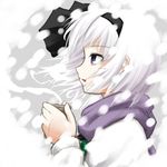  black_hairband cup from_side hair_ribbon hairband konpaku_youmu profile purple_eyes ribbon scarf short_hair snow solo teacup touhou white_hair yasojima_nejiro 