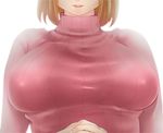  breasts brown_hair close-up copyright_request hands_together head_out_of_frame highres large_breasts light_smile lips own_hands_together ribbed_sweater short_hair simple_background solo sweater upper_body white_background yumiya 