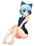  bad_id bad_pixiv_id bare_shoulders barefoot blue_eyes blue_hair bow cirno full_body hair_bow kinakomoti one-piece_swimsuit school_swimsuit short_hair simple_background sitting solo swimsuit touhou white_background 