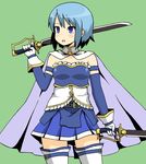  bad_id bad_pixiv_id belt blue_eyes blue_hair buckle cape detached_sleeves eichikei gloves green_background magical_girl mahou_shoujo_madoka_magica miki_sayaka miniskirt pleated_skirt short_hair simple_background skirt solo sword thighhighs weapon 