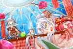  bare_shoulders cup dome dragon_girl dragon_tail fish hair_ornament highres horns japanese_clothes kimono kotatsu long_hair monster_girl multiple_girls one_eye_closed original saliva silver_hair smile table tail teacup tsukineko underwater yellow_eyes 