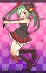  aqua_hair boots bow bowtie hair_bow hair_ribbon hat hatsune_miku highres long_hair microphone microphone_stand open_mouth plaid red_eyes ribbon skirt solo top_hat tosura-ayato twintails vocaloid 