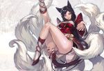  ahri animal_ears aoin black_hair breasts covered_nipples facial_mark fox_ears fox_tail hands korean_clothes large_breasts league_of_legends leg_lift legs lips long_hair multiple_tails naughty_face no_panties pussy resized smile solo tail thighs whisker_markings yellow_eyes 
