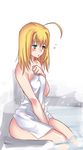  ahoge artoria_pendragon_(all) bad_id bad_pixiv_id blonde_hair blue_eyes blush covering fate/stay_night fate_(series) hair_down maccyman naked_towel saber sitting solo towel 