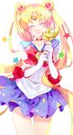  back_bow bishoujo_senshi_sailor_moon blonde_hair blue_sailor_collar blue_skirt bow brooch choker closed_eyes double_bun elbow_gloves gloves happy holding holding_wand jewelry long_hair moon_stick pleated_skirt red_bow red_choker ribbon sailor_collar sailor_moon sailor_senshi_uniform sakana_(endokana) skirt solo star tiara tsukino_usagi twintails wand white_background white_gloves 