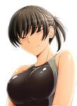  amagami bare_shoulders black_eyes black_hair blush breasts competition_swimsuit highres large_breasts looking_at_viewer one-piece_swimsuit ponytail sasaki_akira_(ugc) shiny shiny_clothes shiny_skin simple_background solo swimsuit tsukahara_hibiki upper_body white_background 