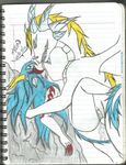  anal anthro anthro_on_feral belly_scales bestiality blonde_hair blue_eyebrows blue_hair blue_horns colored_pencil_(art) couple cum dialog dragon facial_hair facial_markings female feral forked_tongue fur goatee hair horn interspecies kissing legs_back long_tongue looking_down looking_up low_res lying male markings missionary_position on_back on_rock penetration red_markings rock sex sharp_teeth sketchbook straight tail_tuft teeth text thick_tail tongue traditional_media tuft wings yellow_horns 