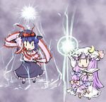  :&lt; :d arm_up blue_hair book bow casting_spell chibi crescent danmaku dress hair_bow hat hat_bow hat_ribbon holding holding_book long_hair multiple_girls nagae_iku natsuki_(silent_selena) open_book open_mouth patchouli_knowledge purple_hair ribbon smile touhou |_| 