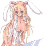 1girl animal_ears bent_over blonde_hair bottomless breasts bunny_ears endou_chihiro female hanging_breasts huge_breasts long_hair nipple_slip nipples open_clothes open_shirt red_eyes shirt simple_background sketch solo thigh_gap thighs very_long_hair white_background 