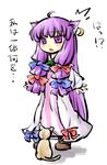  1girl ahoge animal_ears ascot bow cat cat_ears crescent dress earrings hair_bow jewelry long_hair natsuki_(silent_selena) patchouli_knowledge purple_eyes purple_hair simple_background single_earring solo standing touhou translated white_background 
