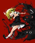  ascot back blonde_hair blush darkness eyes fang hair_ribbon koge-owl looking_back open_mouth outstretched_arms red_eyes ribbon rumia shirt short_hair skirt smile solo spread_arms teeth touhou 