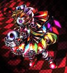  acid_trip bad_id bad_pixiv_id blonde_hair checkered checkered_floor closed_eyes colorful flandre_scarlet frills glowing glowing_wings hat hat_ribbon highres long_hair mary_janes ninomae ribbon sharp_teeth shoes skull solo surreal tattoo teeth touhou wings wrist_cuffs 