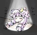  bow chibi closed_eyes crescent hair_bow hat hat_bow leaning long_hair natsuki_(silent_selena) patchouli_knowledge purple_hair solo spotlight touhou translated 